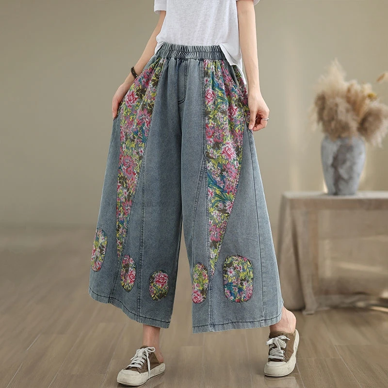 Chinesische Vintage-Hose, individuelle Patchwork-Denim-Hose mit weitem Bein, Sommer, lockere Neun-Zoll-Hose, tägliche Stickerei, chinesische Hose