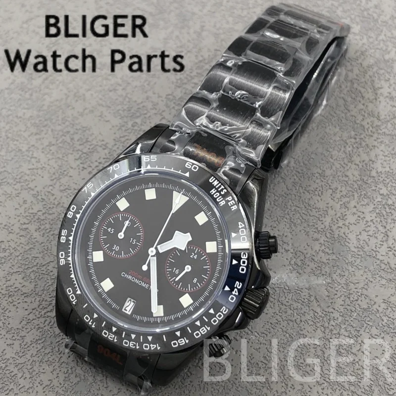 BLIGER 39mm Men's Luxury Black FXD Chronograph Cyclist VK64 Dial Snowflake Hand Quartz Wristwath C3 Luminous Sapphire Mirror