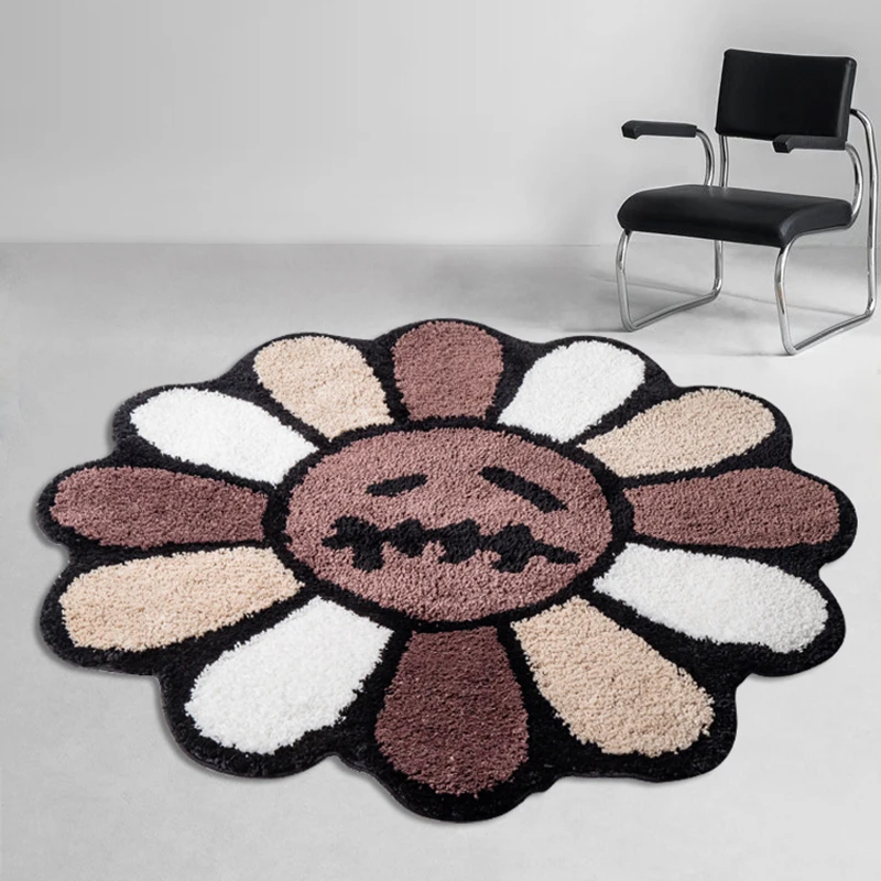 Vintage Tufting Smile Flower Living Room Carpet Soft Round Rug Bedroom Bedside Mat Door Floor Anti Slip Pad Aesthetic Home Decor