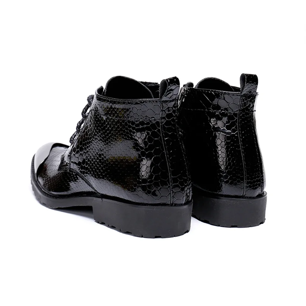 Black Patent Leather With Metal Lace-Up Zipper Low Heels Pointed Toe Boots Male Plus Size Business British Style Dress Shoes