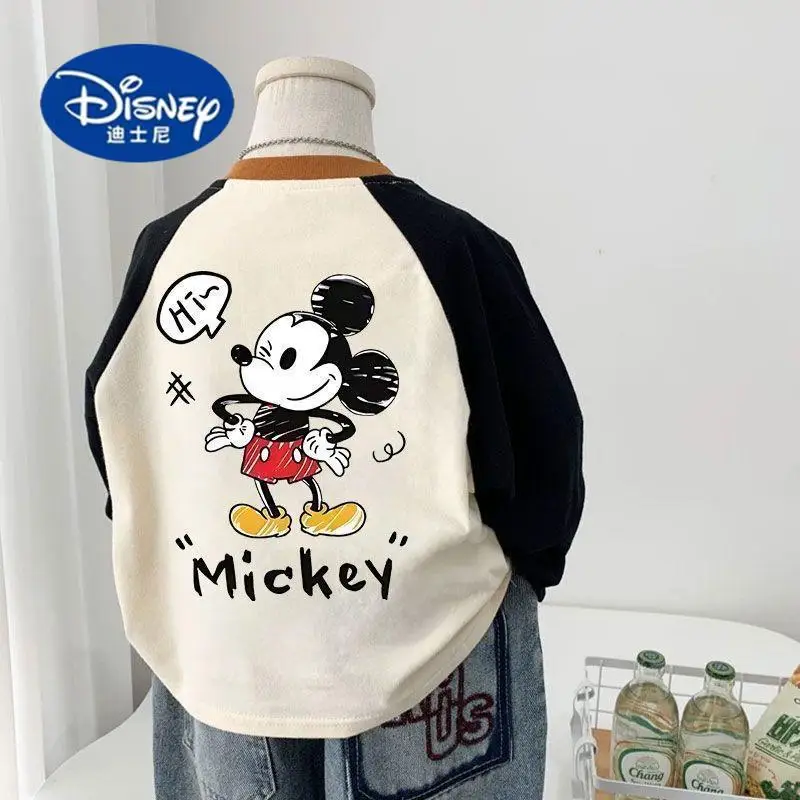 

Детская футболка с цветными блоками Микки Мауса Диснея | Хлопковый топ с длинными рукавами для мальчиков и девочек, майка на весну и осень