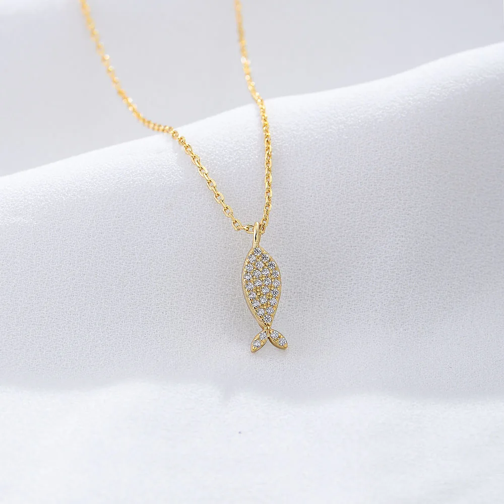 14k gold plated Cute animal Zircon Fish Pendant Necklace jewelry 925 Sterling Silver necklace for Kids Girls