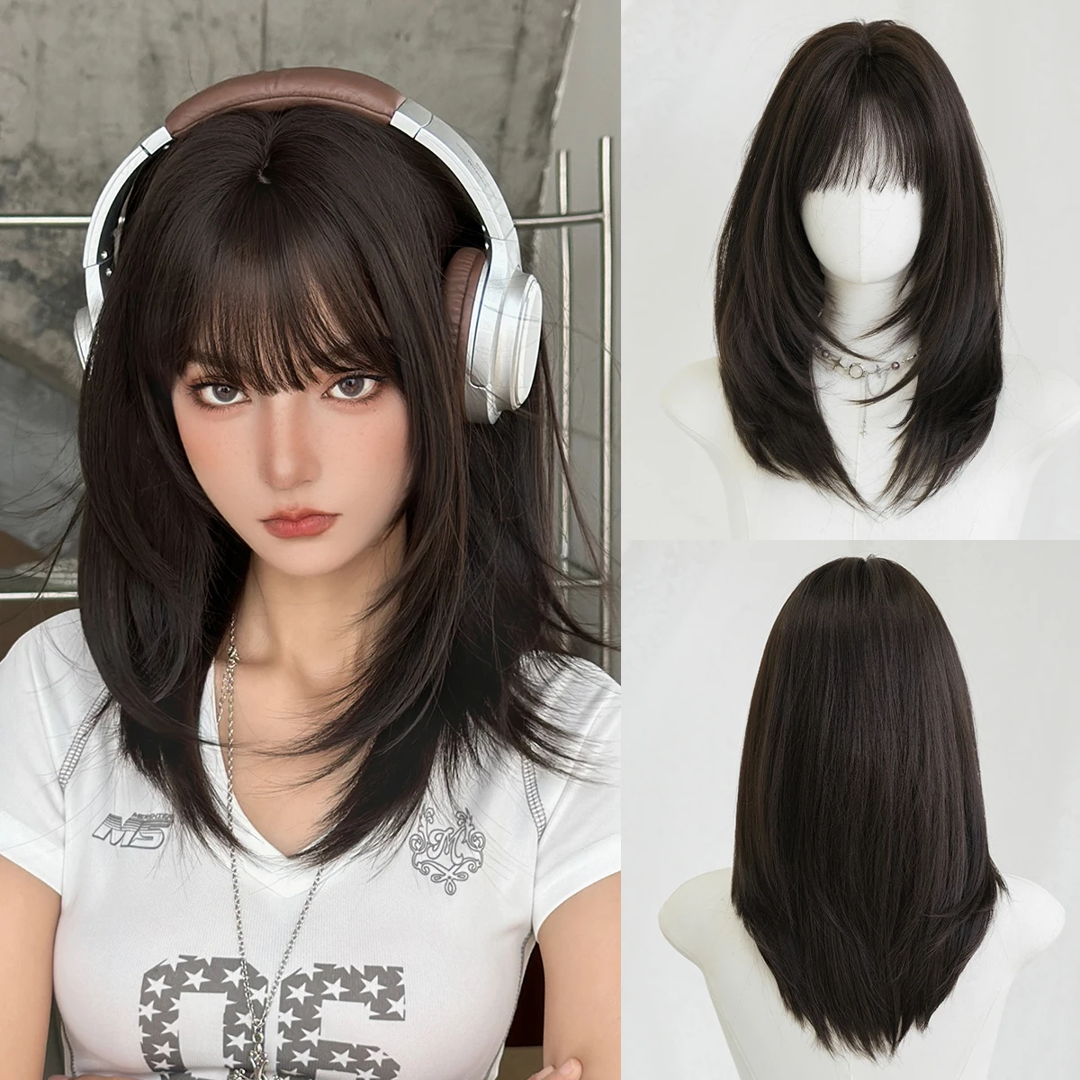 

NAMM Brown Long Straight Wigs For Elegant Women Fluffy Heat Resistant Fiber Wigs With Bangs Synthetic Wigs For Daily Use