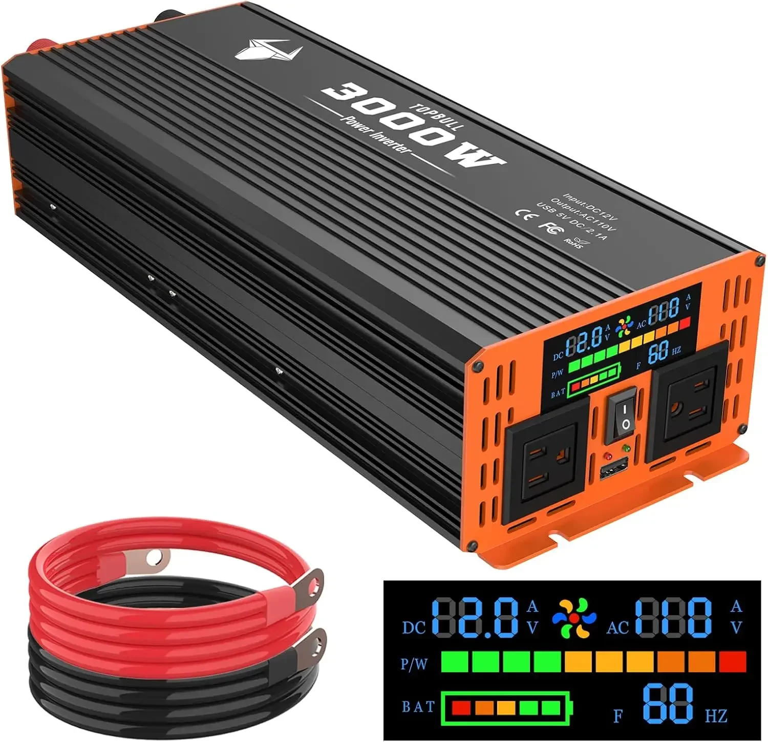 3000 Watt Power Inverter, Car/Outdoor  LED Display, Dual AC Outlets,Cables Included, RV,Truck Off-Grid Solar Power Inverter