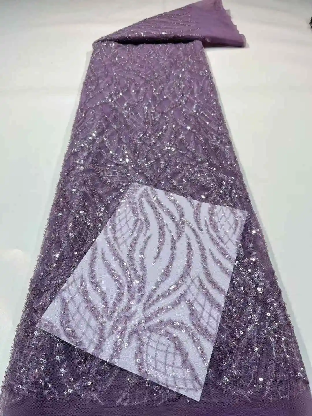 

2025 African Sequins Lace Fabric Purple High Quality Beads French Nigerian Groom Lace Fabric For Sewing DressesWedding Party