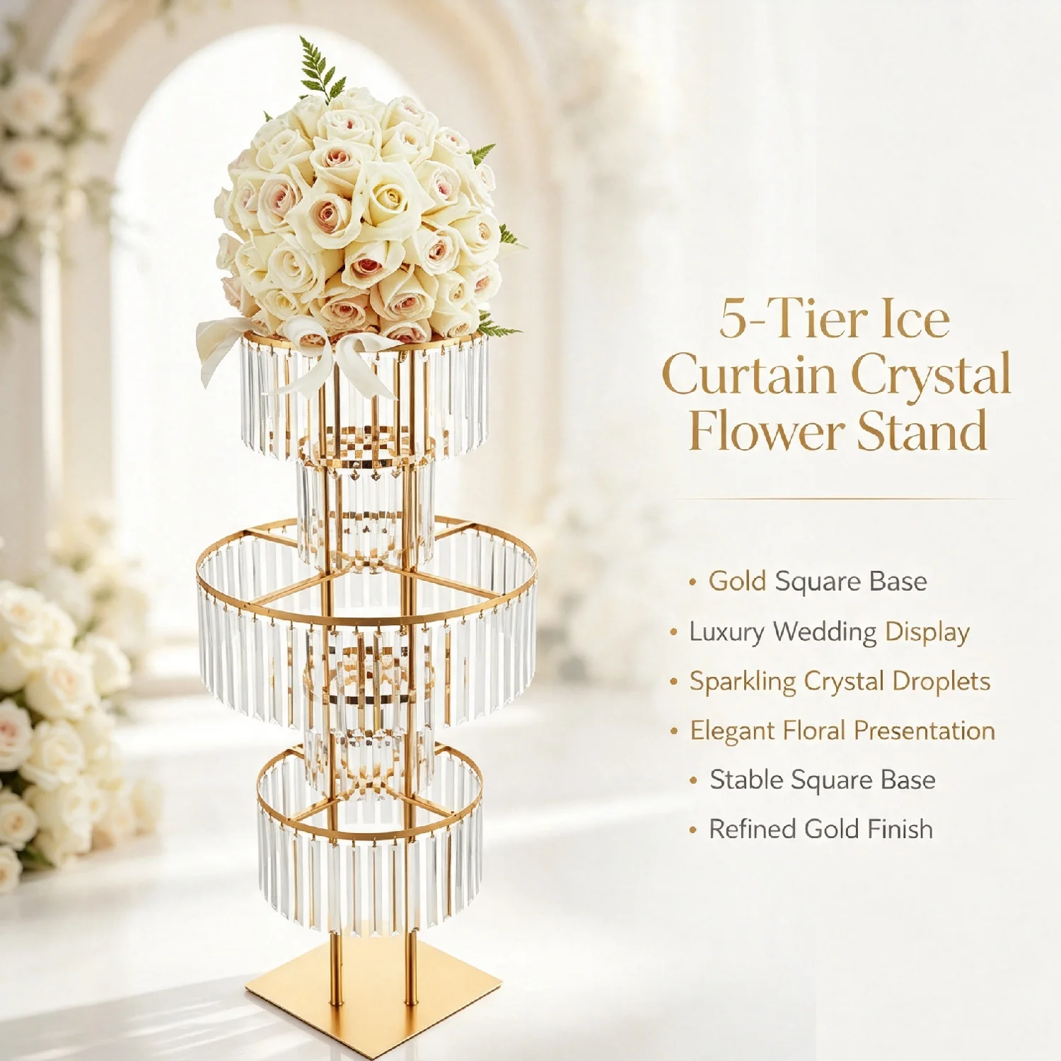 5-Tier Gold Display Stand, 110cm High Crystal Wedding Centerpieces Floral Rack, Free Standing Flower Stand for Banquet, Festival, Birthday Party