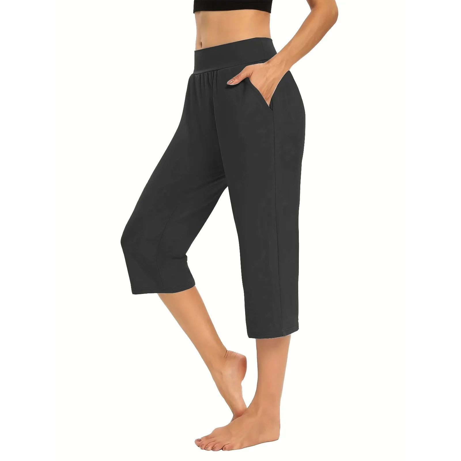 

Women's Solid Color Simple Loose Elastic Pocket Sports Casual Capris Pants Summer Trendy Loose Comfy Athletic Sweatpants