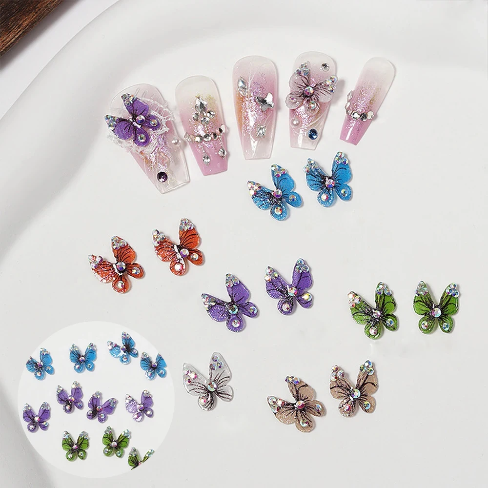 10Pcs Dreamy Butterfly Nail Art Charm 3D Colored diamond Sparkling Resin Butterfly Nail Ornament DIY Exquisite Nail Accessories