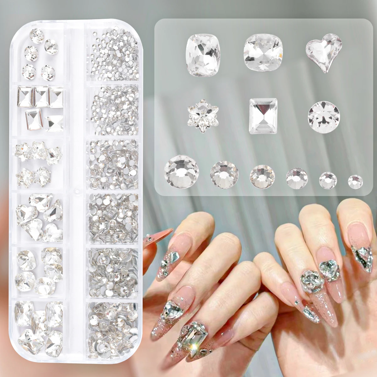 950pcs12 palace box transparent color flat nail rhinestone rhinail diamond fat square crooked heart special nail tip drill set