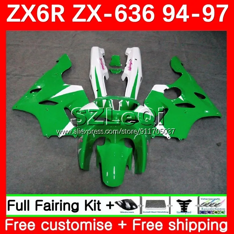 Body Kit For KAWASAKI NINJA ZX-6R ZX 6R 636 ZX6R 94 95 96 97 Green white 98No.36 600CC ZX-636 ZX636 1994 1995 1996 1997 Fairing