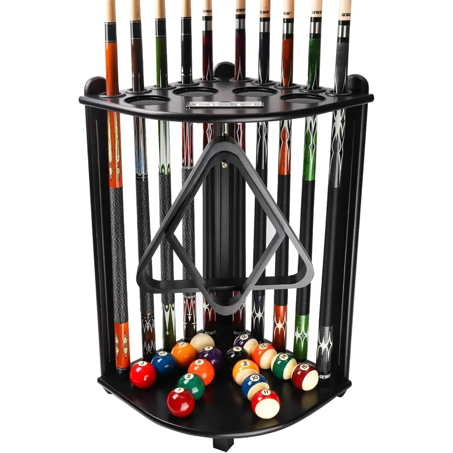 

Corner-Style Floor Stand Billiard Pool Cue Racks with Score Counters for Pool Cue Sticks Balls Set Ball Racks in Black Metal