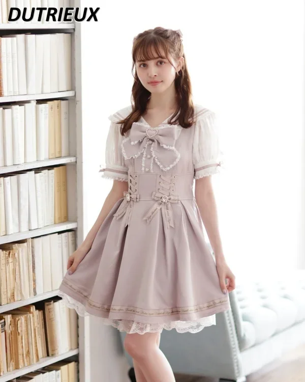 

Japanese Style Sweet Kawaii Short Sleeve Dress Sailor Collar Lapel Strap Mine Mass-Produced Girl Cute Lace-up Slimming Dresses