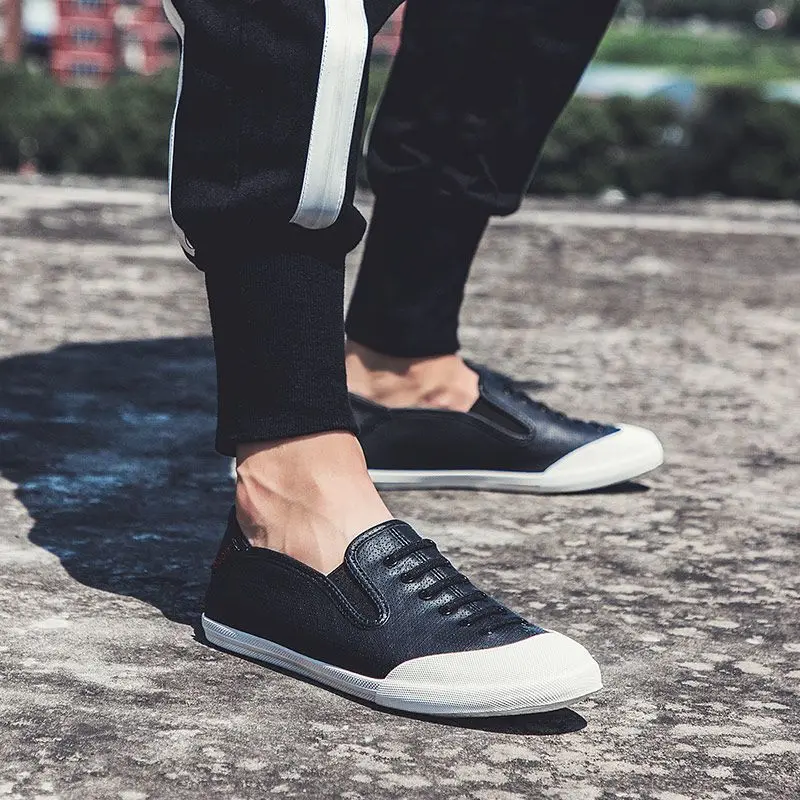 Men\'s Vulcanize Shoes Sports Breathable Leather Loafers Leisure Lightweight One Kick Flat Sneakers Male Thin Non-leather on Sale