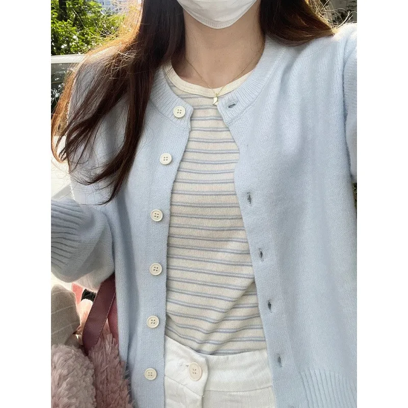 

KANING Women's Soft Pastel Blue Open Cardigan Knitted Sweater Spring 2025 New Sle College Sle Loose Fit Medium Thi