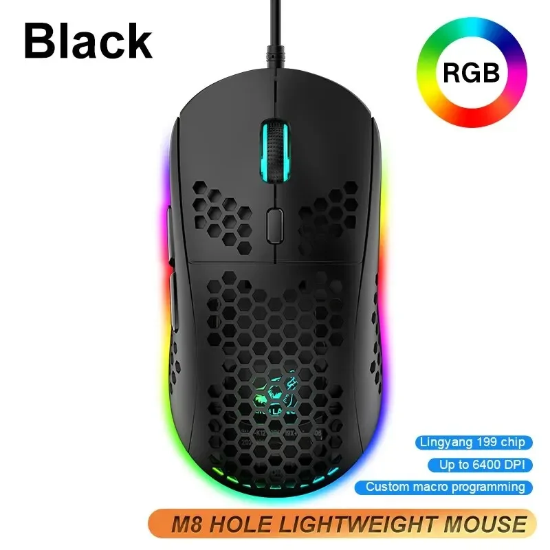 M8 ratón ultraligero con cable y carcasa de panal, Mouse para juegos en blanco y negro, DPIRGB 6400, retroiluminado, para Win, Xbox, PS4, Mac, HP