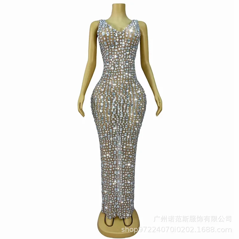 

Superior Silver Crystal Diamond Temperament Waist Dress Cocktail Party Evening Banquet Host Dress Maxi Dresses For Wedding Guest
