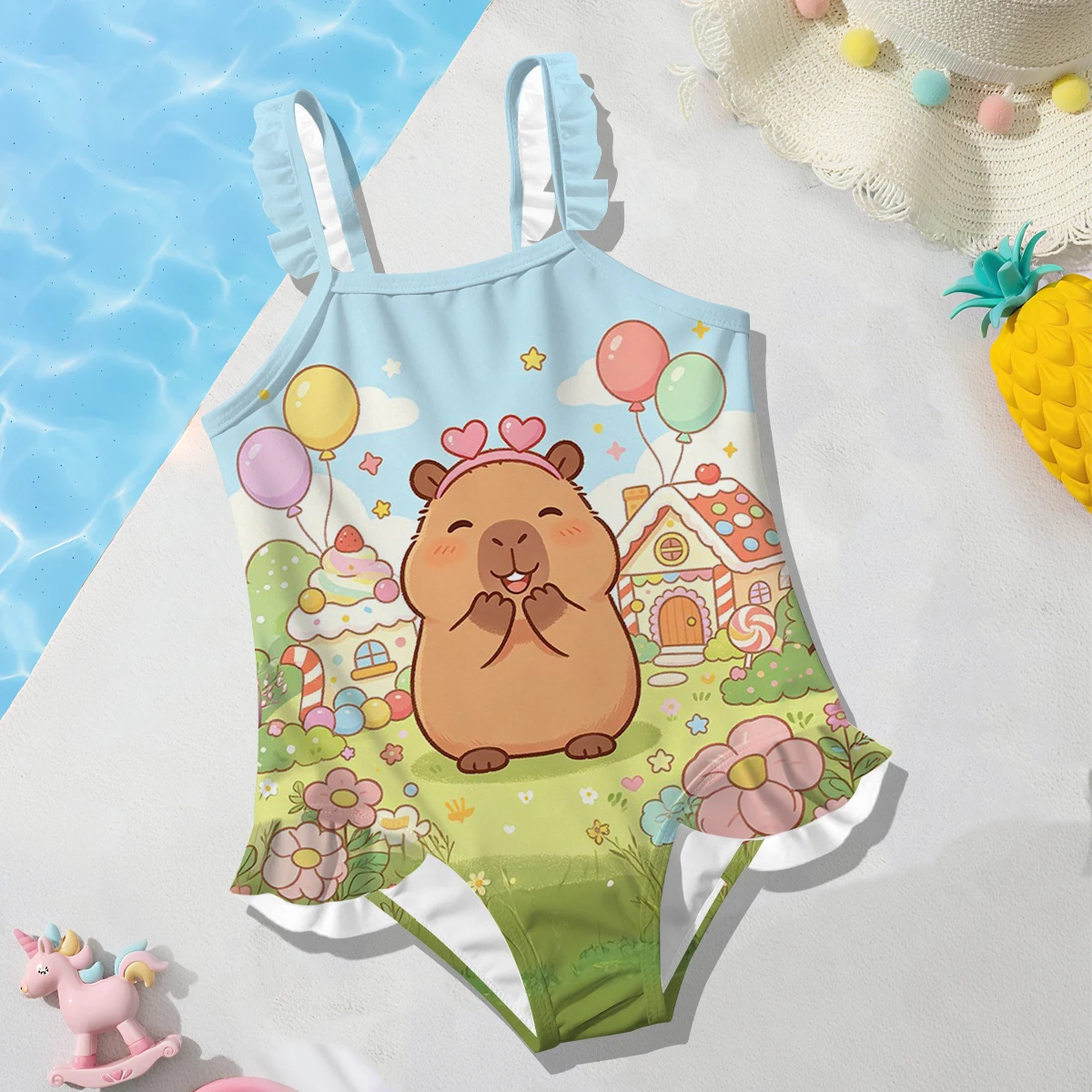 Girls' Summer Atmospheric Capybara Fashionable Tight One-piece Swimsuit