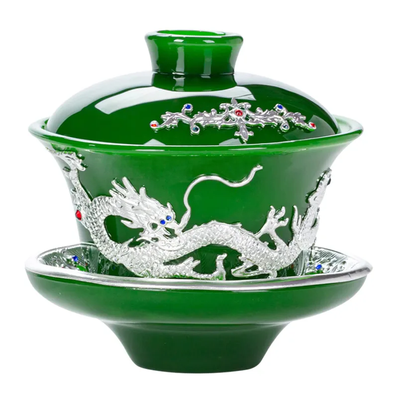 Jadeite Glass Covered Bowl, Sancai Tea Making Small Size With Sier Inlaid Cup, Fair Imitation Jade