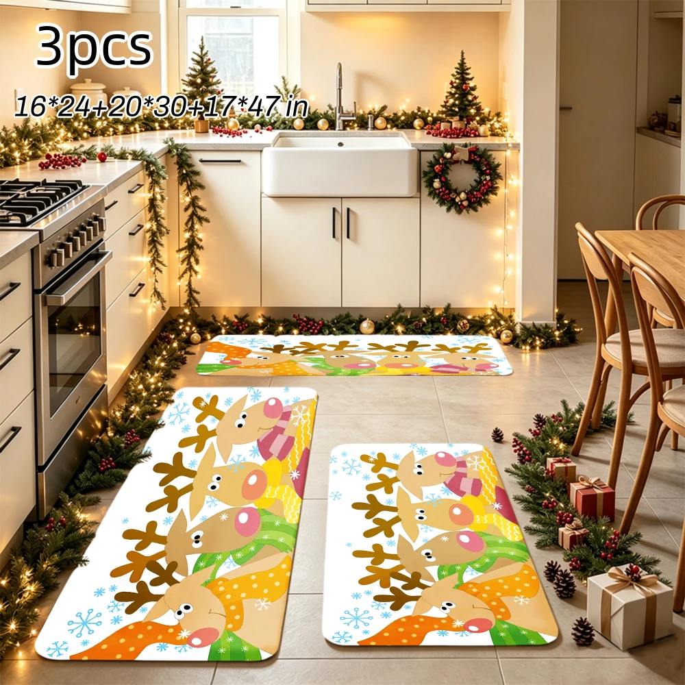 Christmas Kitchen Rugs Set Snowman Santa Xmas Print Non Slip Mat 1/2/3Pcs Options Washable Holiday Home Floor Decor