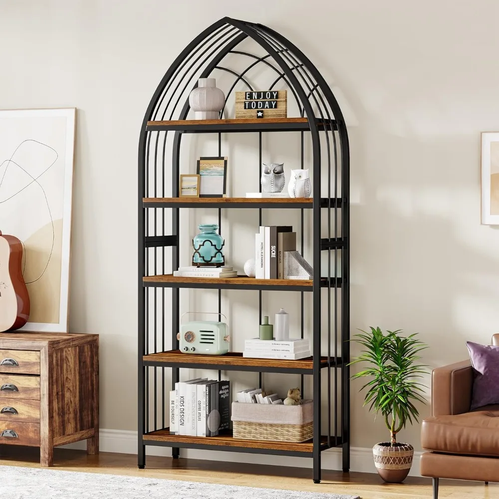 

5-tier Bookshelf, Industrial-style Curved Freestanding Display Shelf, Wooden Storage Rack with Metal Frame