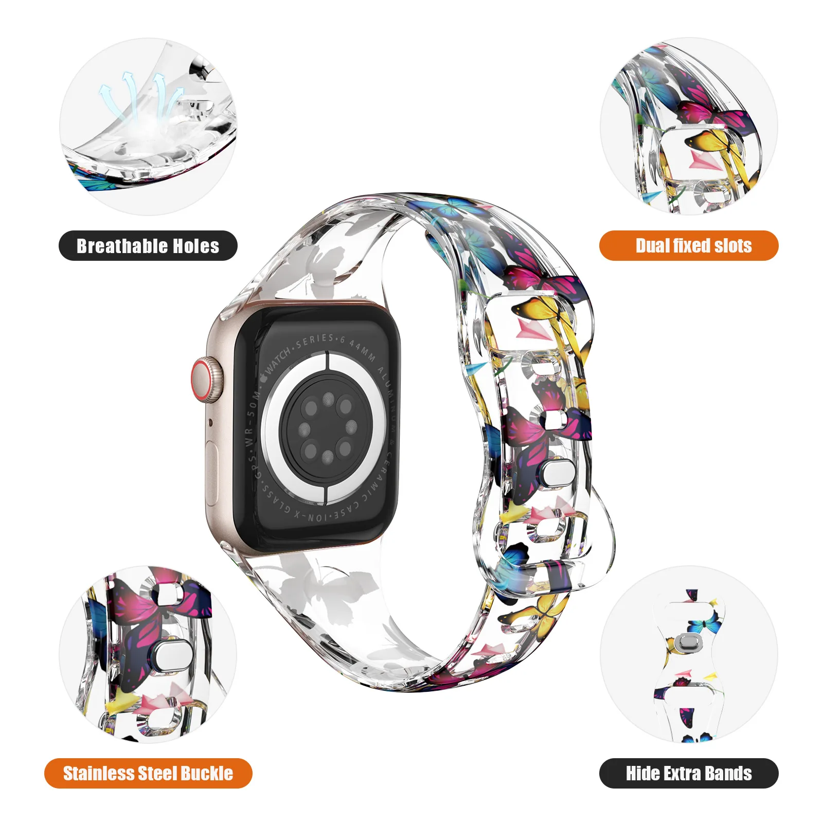 Bracelet en Résine Transparente pour Apple Watch, iWatch 7, 6, 5, 4, 3, 2, SE 1, 41mm, 45mm, 38mm, 42mm, 40mm, 44mm, pour Homme et Femme