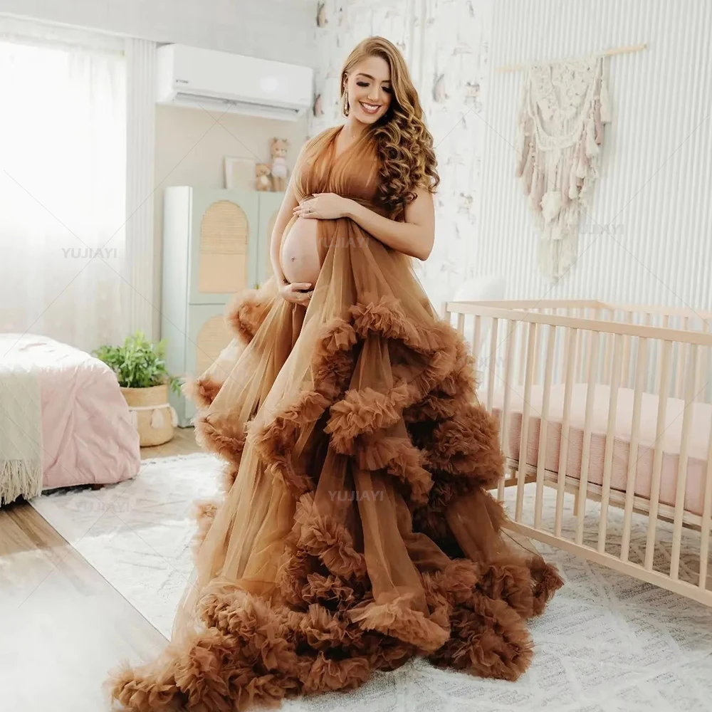 Customized A Line Ruffles Maternity Robes for Photo Sexy V Neck Sleeveless Tulle Pregnant Women Dresses Boudoir Bridal Nightgown