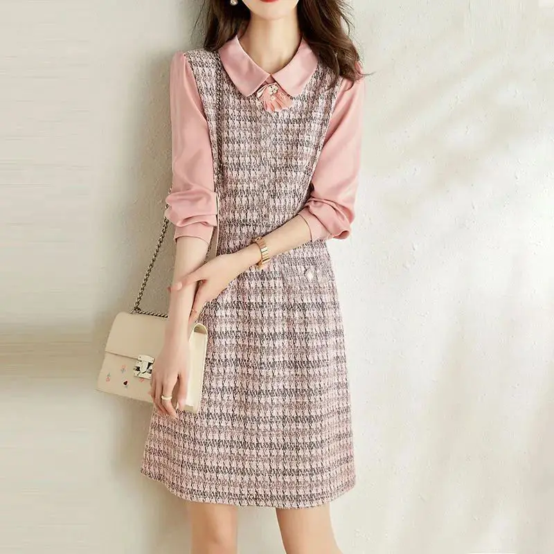 

spring autumn new Doll Collar Long Sleeve fashion midi dress women High street Fake two pieces dresses elegant Plaid zipper robe