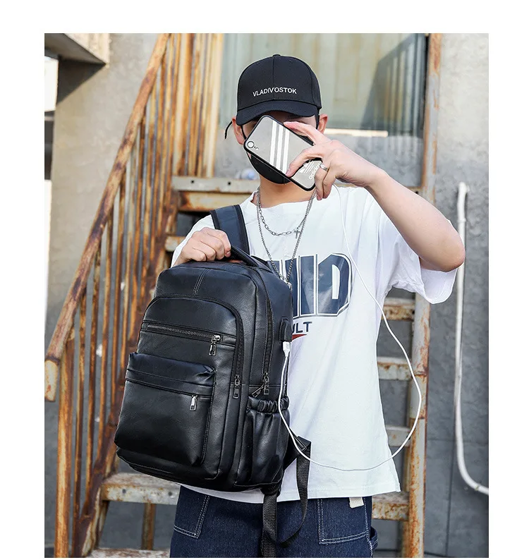 Hohe Qualität USB Lade Rucksack Männer PU Leder Rucksack Große Laptop Rucksäcke Männlichen Mochilas Schul Für Jugendliche Jungen – Detail 15