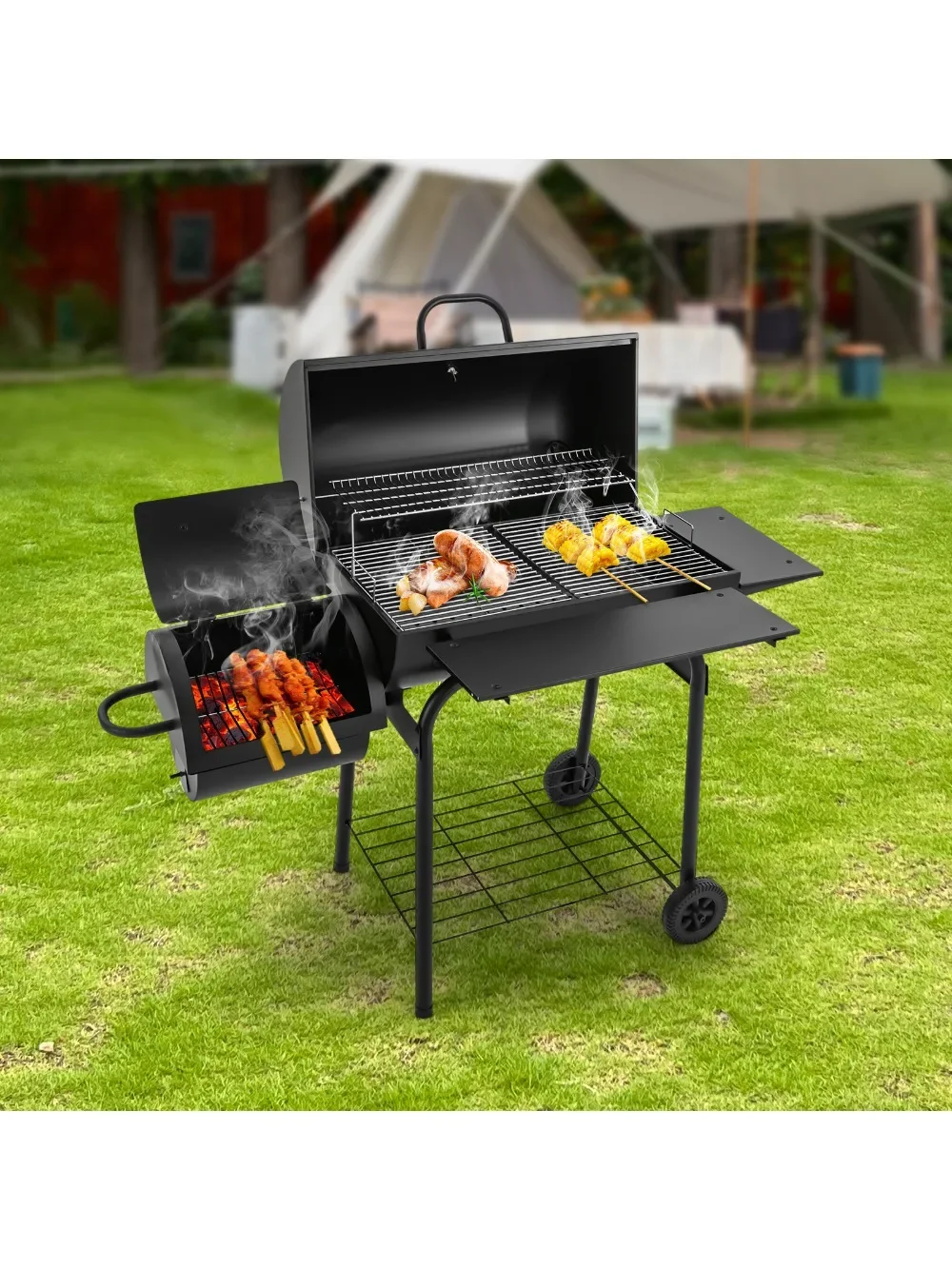 NOUVEAU Barbecue à charbon de bois autoportant Barbecue à fumeur en acier inoxydable avec couvercle et roues Grill à charbon de bois avec roues et couvercle, noir