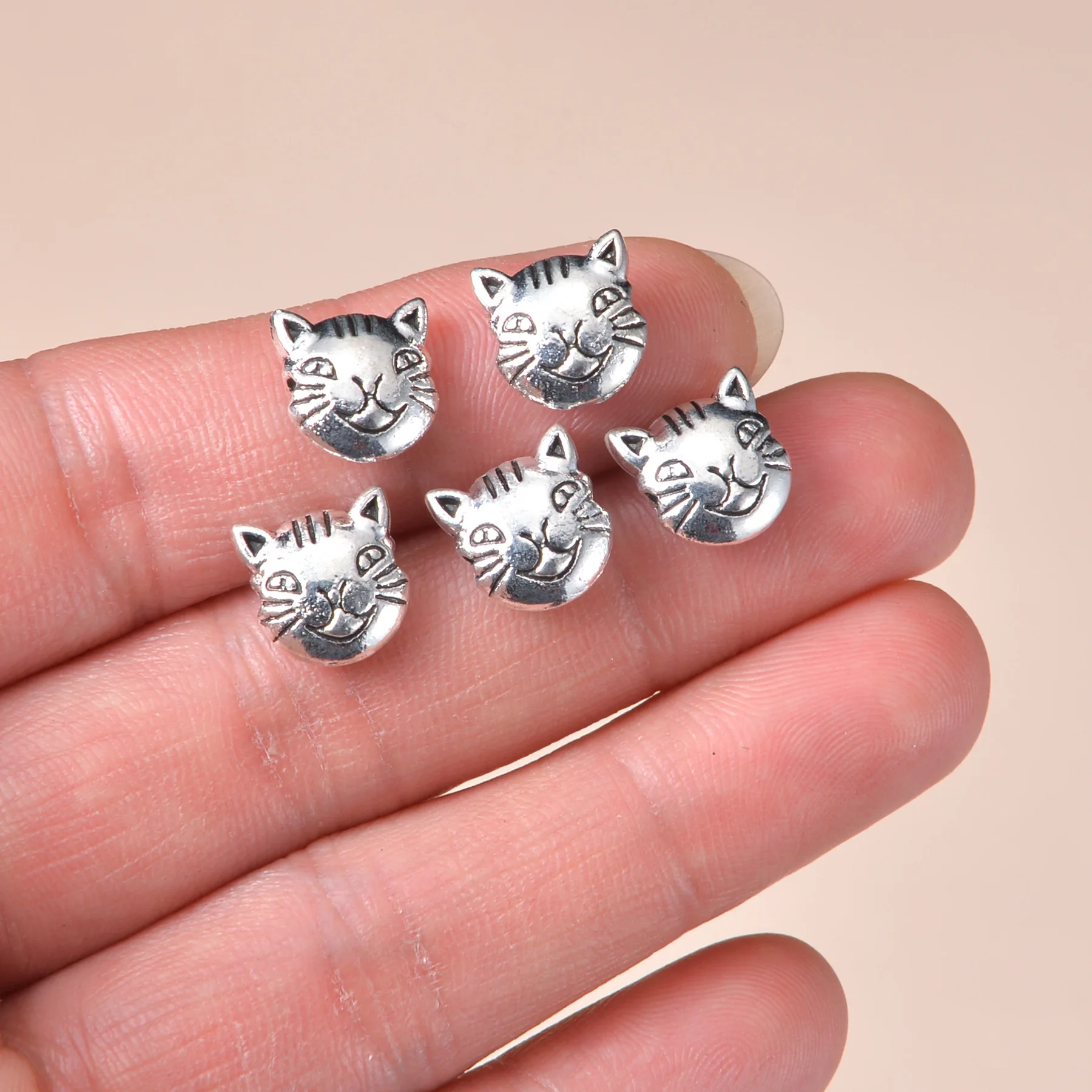 Cute Silver Color Cat Head Beads For Jewelry Making Animal Pendant Handmade Kids Bracelet Necklace Keychain Diy Findings