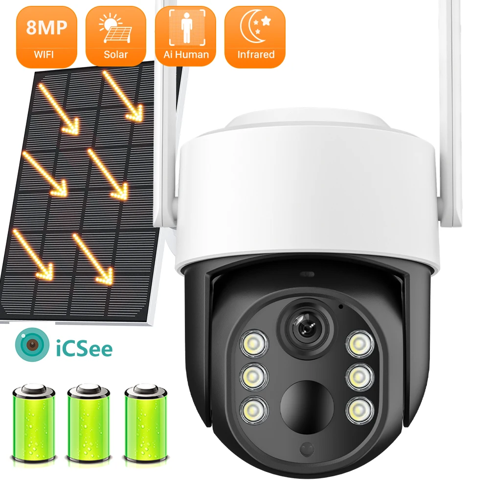8MP WIFI Solar Camera 4MP Outdoor Wireless Video Surveillance PIR Human Detection 10800mAh Rechargeable Battery Camera iCSee App