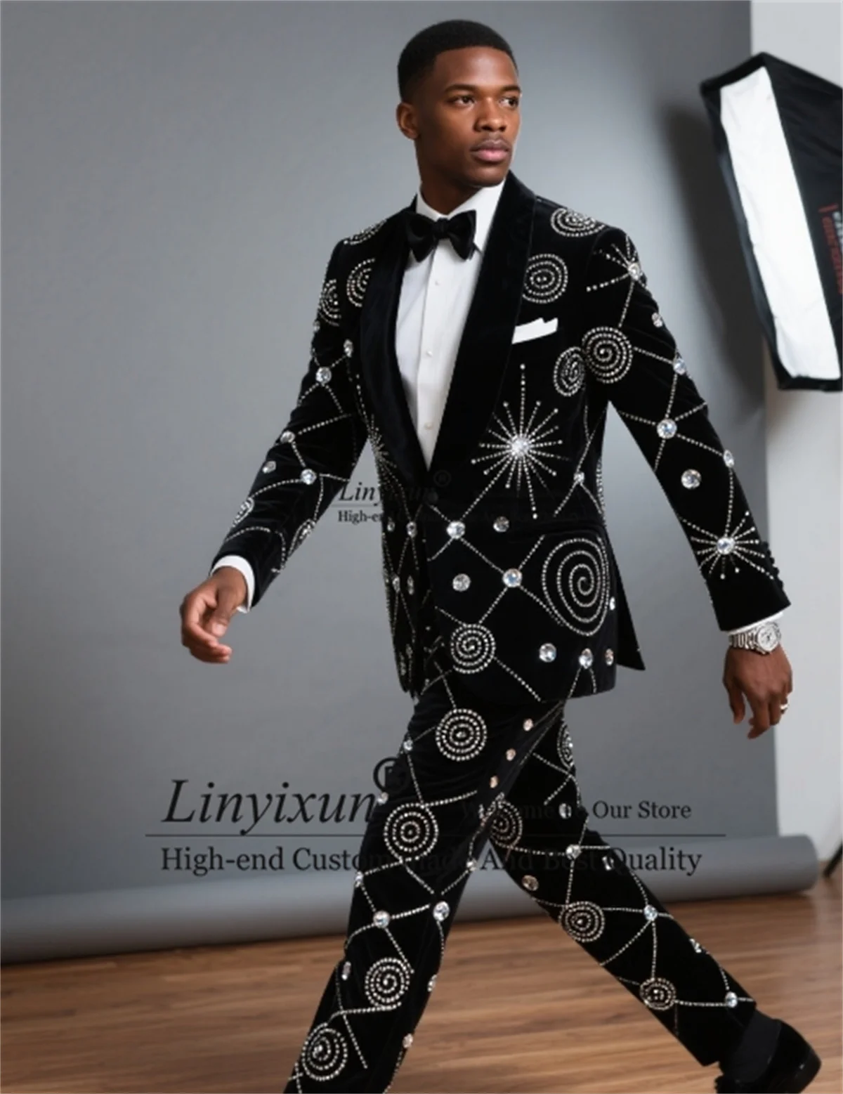 

Stuning Jewelry Crystals Men Suit 2 Pieces Set High End Wedding Party ropa hombre Customized Shawl Lapel Groom Male Prom Blazers