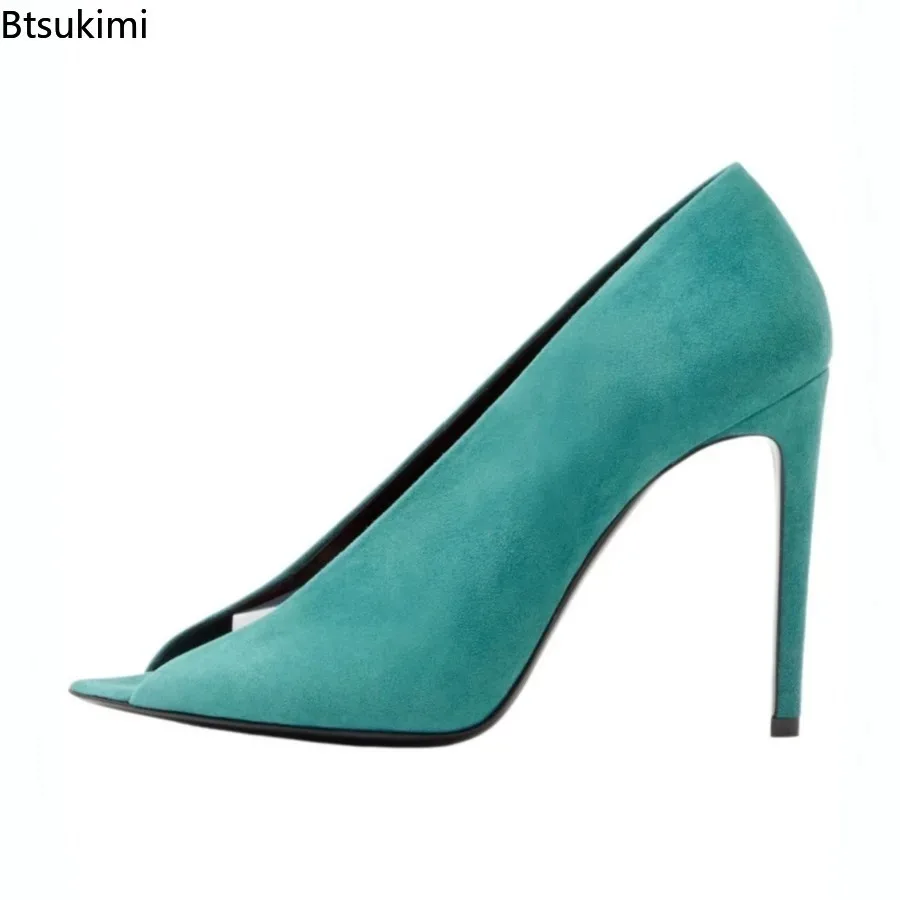 Women Suede Pointed Peep Toe Pumps Summer Sexy Thin Stiletto High Heels Instep Cutout Slip on Elegant Evening Party Dress Heels