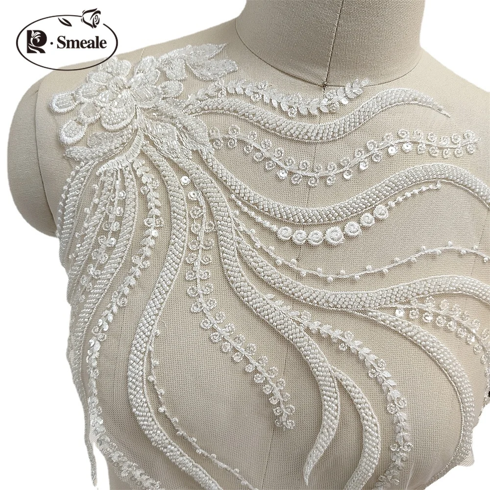 Perlenbesetzte Pailletten-Spitzen-Brustblumen, 3D-Hochzeitskleid-Applikation, Braut-Kopfschmuck, Spitzenkragen-Spitzenstoff, Pteris-Applikation – Detail 3