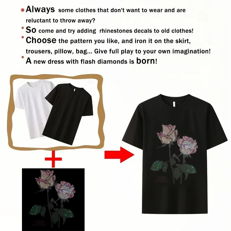 Shining Pretty Pink Rose Flower Drill Figure High Quality Rhinestone Pattern DIY T-Shirt Sweater Cowboy Clothing Accessories