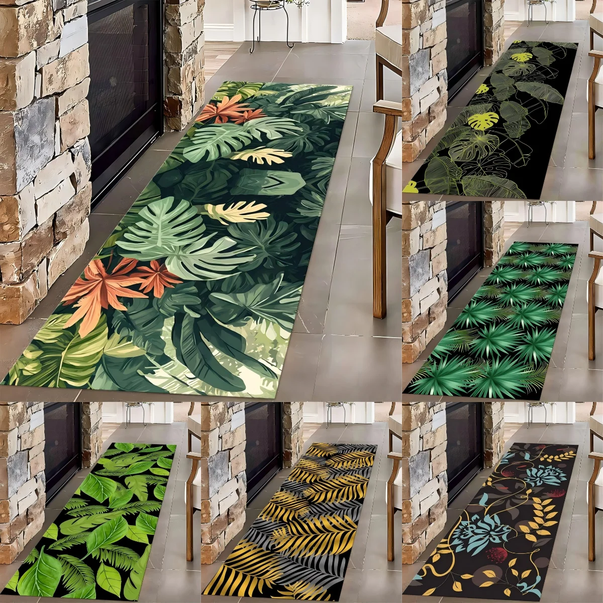 Green Leaf Runner Rug for Living Room Leaves Palm Leaf Monstera Print Long Runner Rug, Non-Slip Rug for Hallway Kitchen Laundry