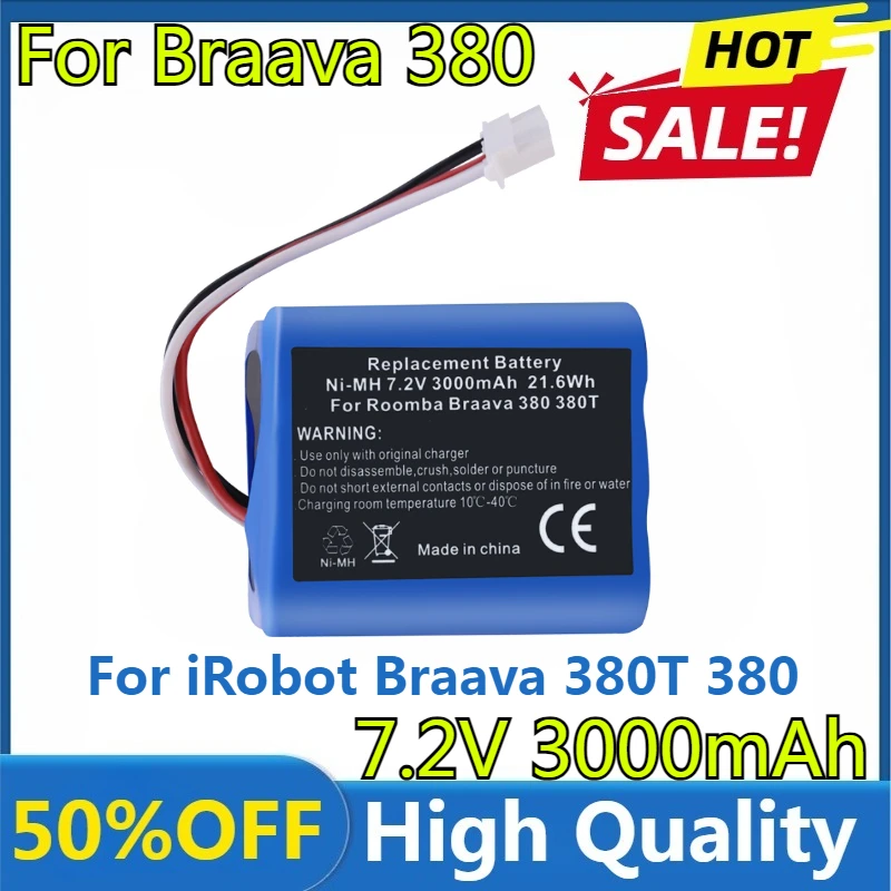 

7.2V NI-MH 3000mAh Battery for iRobot Braava 380T 380 390T Mint 5200 5200B 5200C Vacuum Cleaner upgraded 3000MAH NI-MH Battery