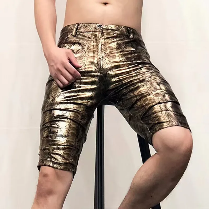 Summer Men Snake Pattern Leopard Tight Leather Pants Elastic  Pleated Knee Length Shorts Anti-bright PU Shorts