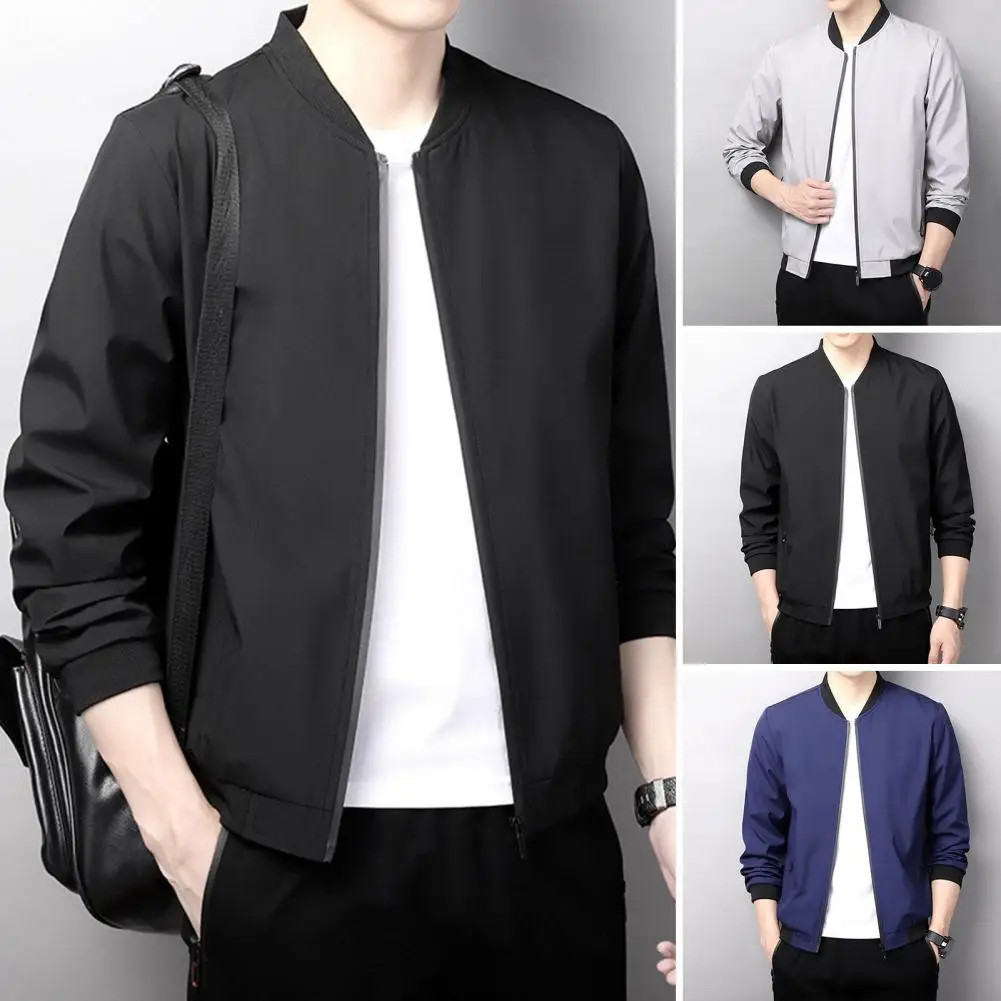 Men Solid Color Jacket Soft Men Jacket Versatile Men's Spring/fall Jacket Stand Collar Smooth Zipper Closure Mid Length Pockets