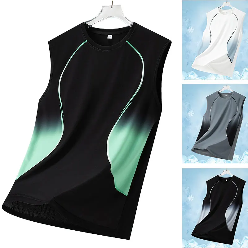 Male Sports Vest Autumn Breathable Gradient Running Fitness Sleeveless T-Shirt Outdoor Elasticity Lightweight Jogging Gym Vest