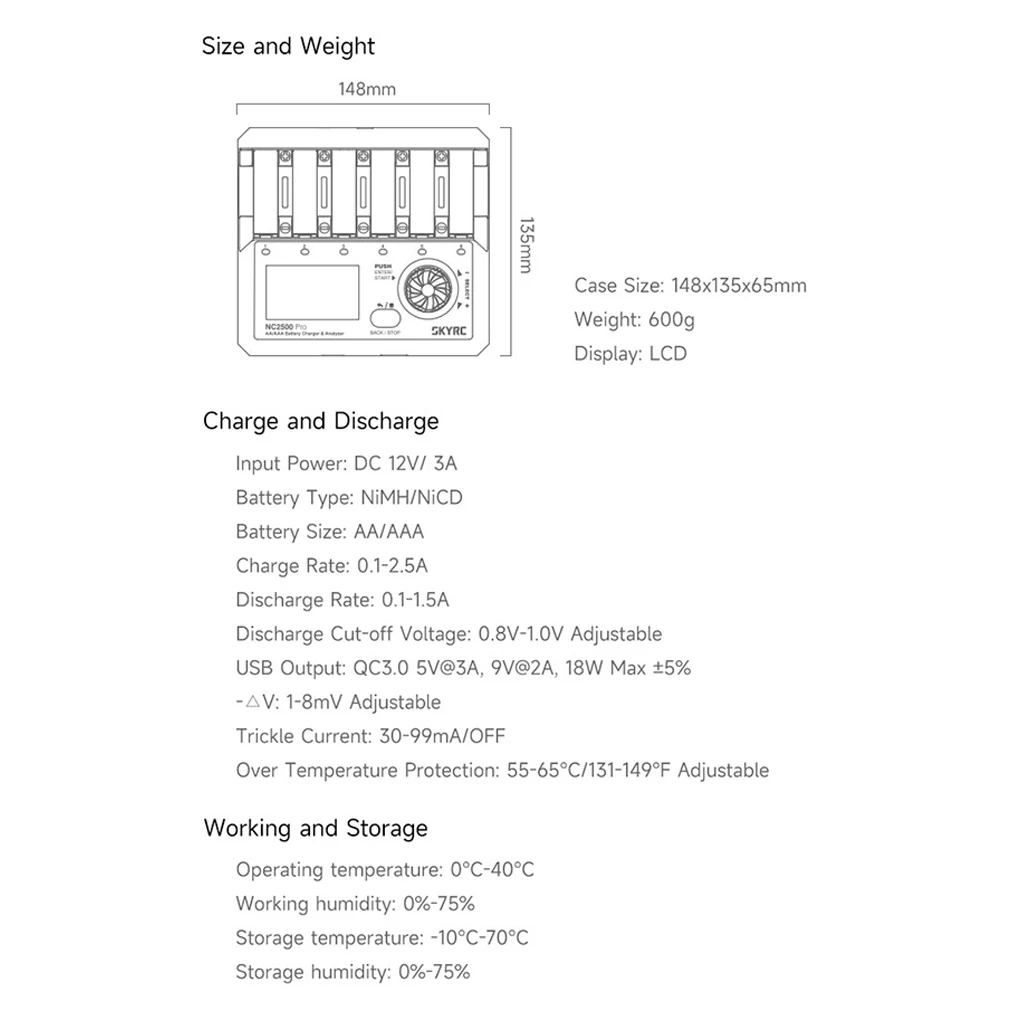 SKYRC NC2500 Pro NiMH akumulator NiCd ładowarka QC3.0 do AA akumulatory AAA uniwersalna inteligentna bateria LCD 3 w1 szybka ładowarka