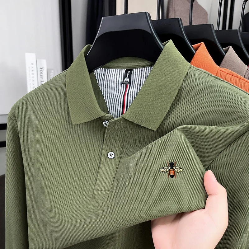 Fashionable autumn new item with small bee embroidery comfortable long sleeved men's brand slim fit hot selling polo shirt top