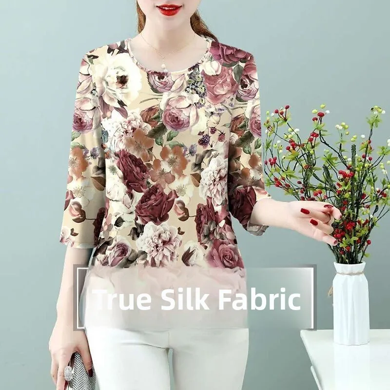 

Шелковая футболка с длинным рукавом, свободного кроя, скрывающая живот, модная одежда для зрелых женщин, большие размеры, элегантный круглый вырез, винтажный узор