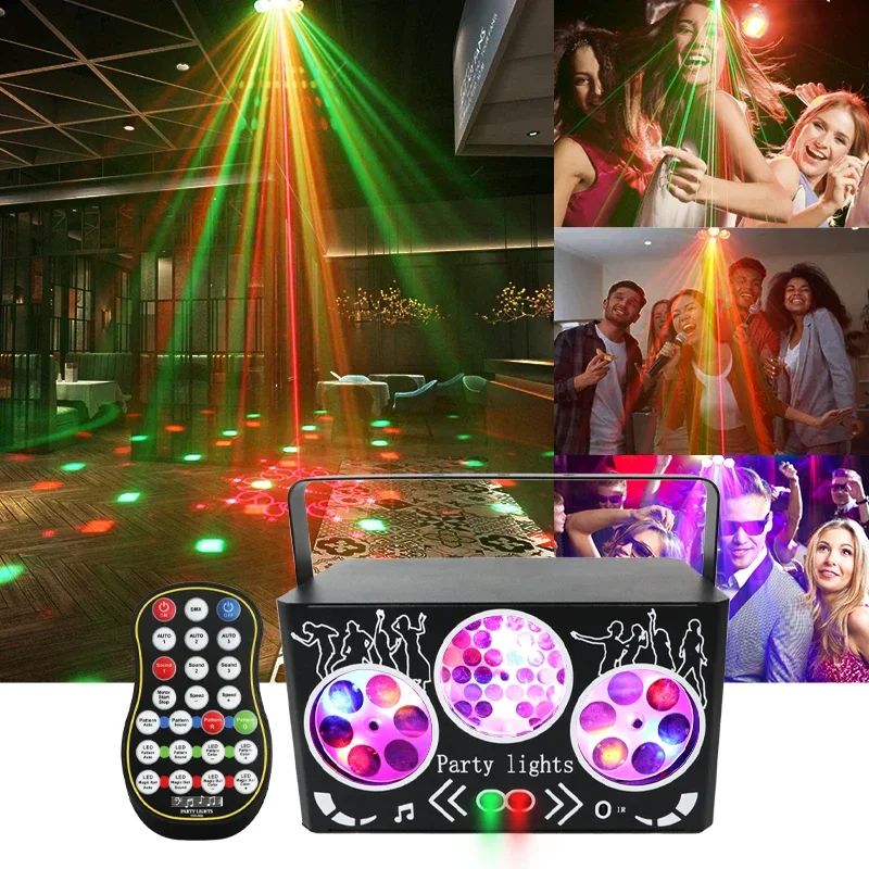 

Dj Disco Party Light Пульт дистанционного управления DMX RGB Лазерная проекция Стробоскоп для вечеринки Рождественский бар Вращающиеся светодиодные сценические эффекты огни