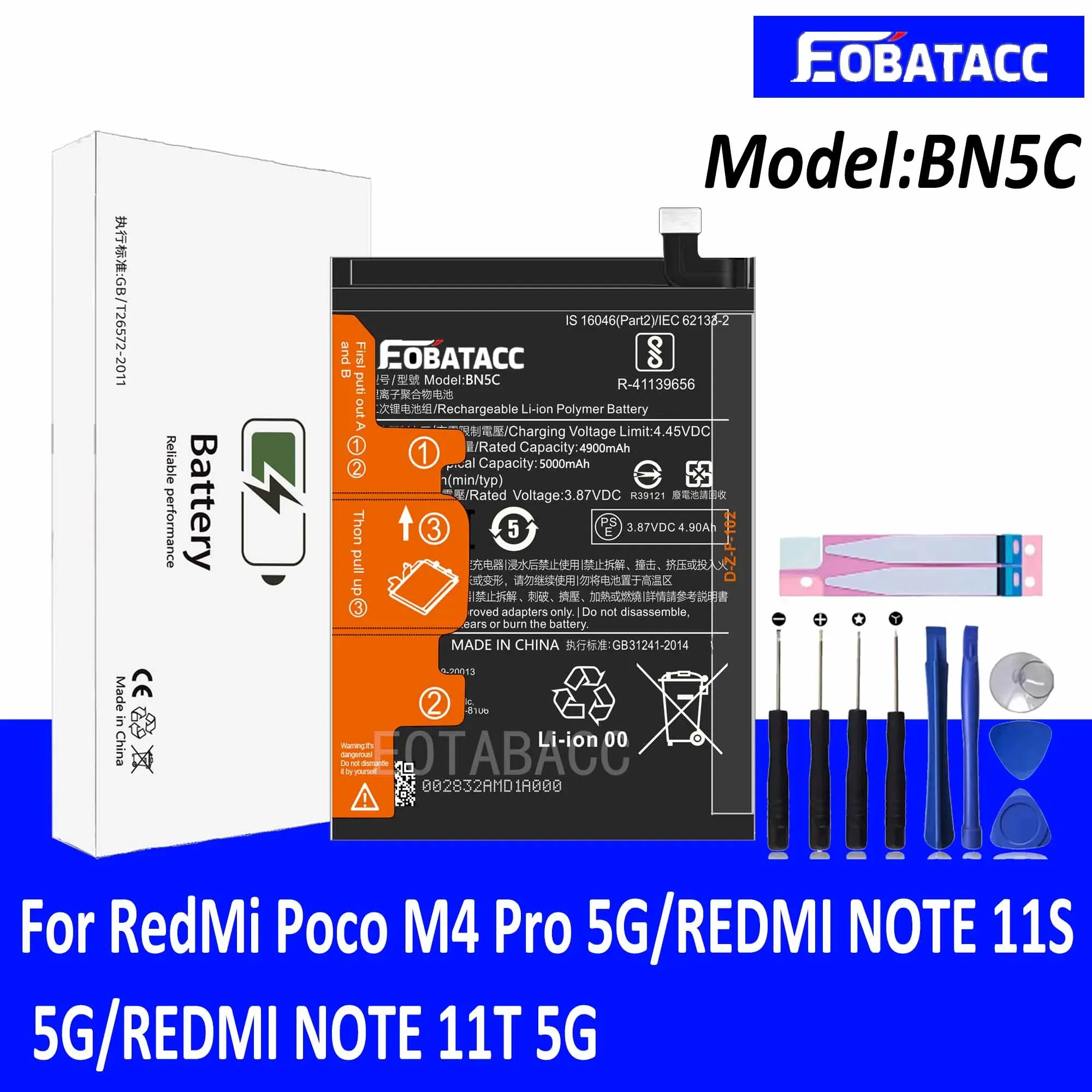 

EOTABACC 100% New Original Battery BN5C For XIAOMIPoco M4 Pro 5G/REDMI NOTE 11S 5G/REDMI NOTE 11T 5G Battery +Tools