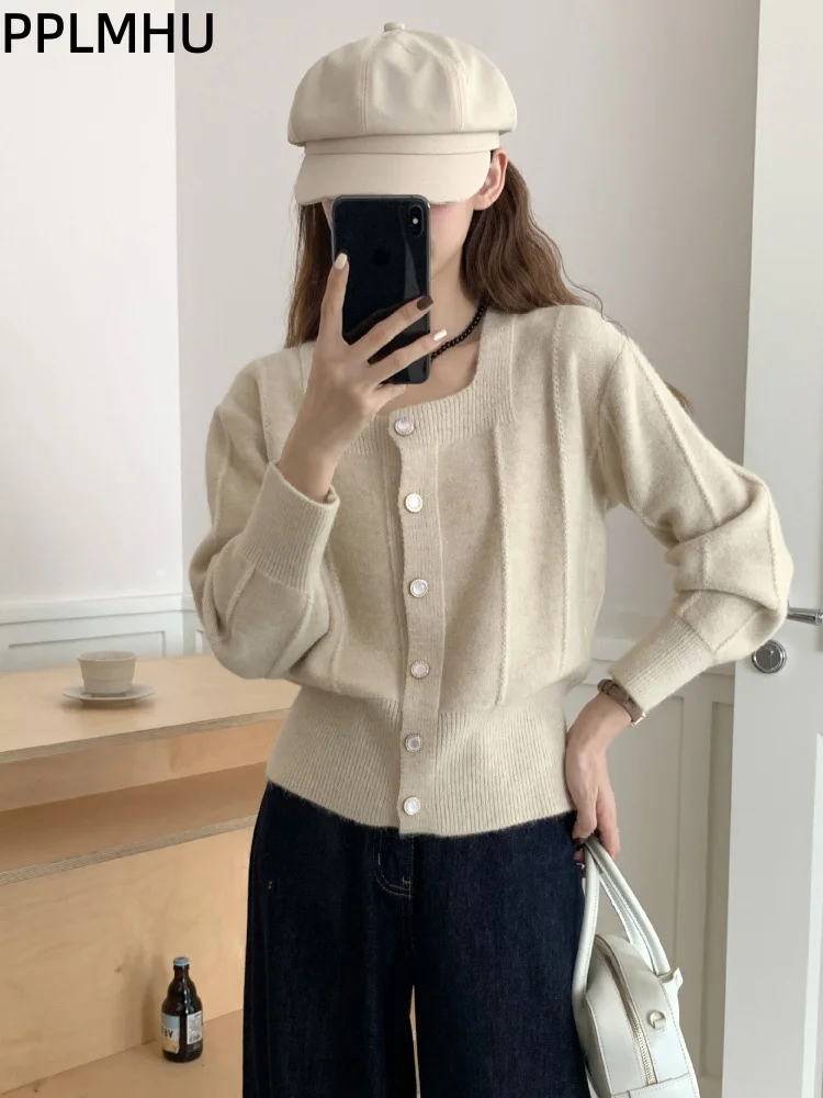 

Korean Fashion Square Collar Knitwear Cardigan Women's Casual New Button Knitted Sweater Soft Long Sleeved Baggy Tops Gilet
