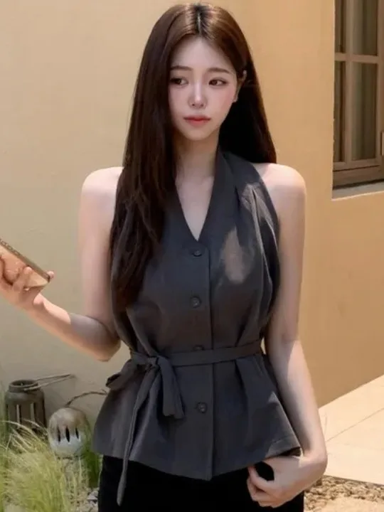 

Women's Vintage Belted Slim Fit Vest irt Netie Sle Summer New Faion Casual Wear Comfortable Medium Softn Other Mat...