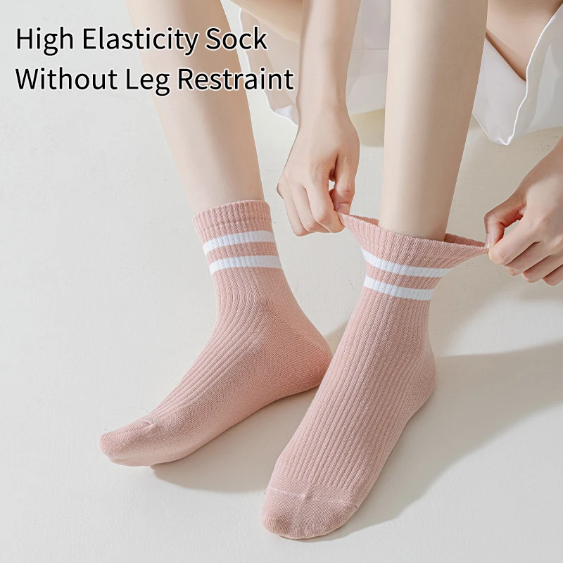 8 Pairs of Women\'s Cotton Four Season Striped Simple and Fashionable Versatile College Style Summer Breathable Mid Tube Socks