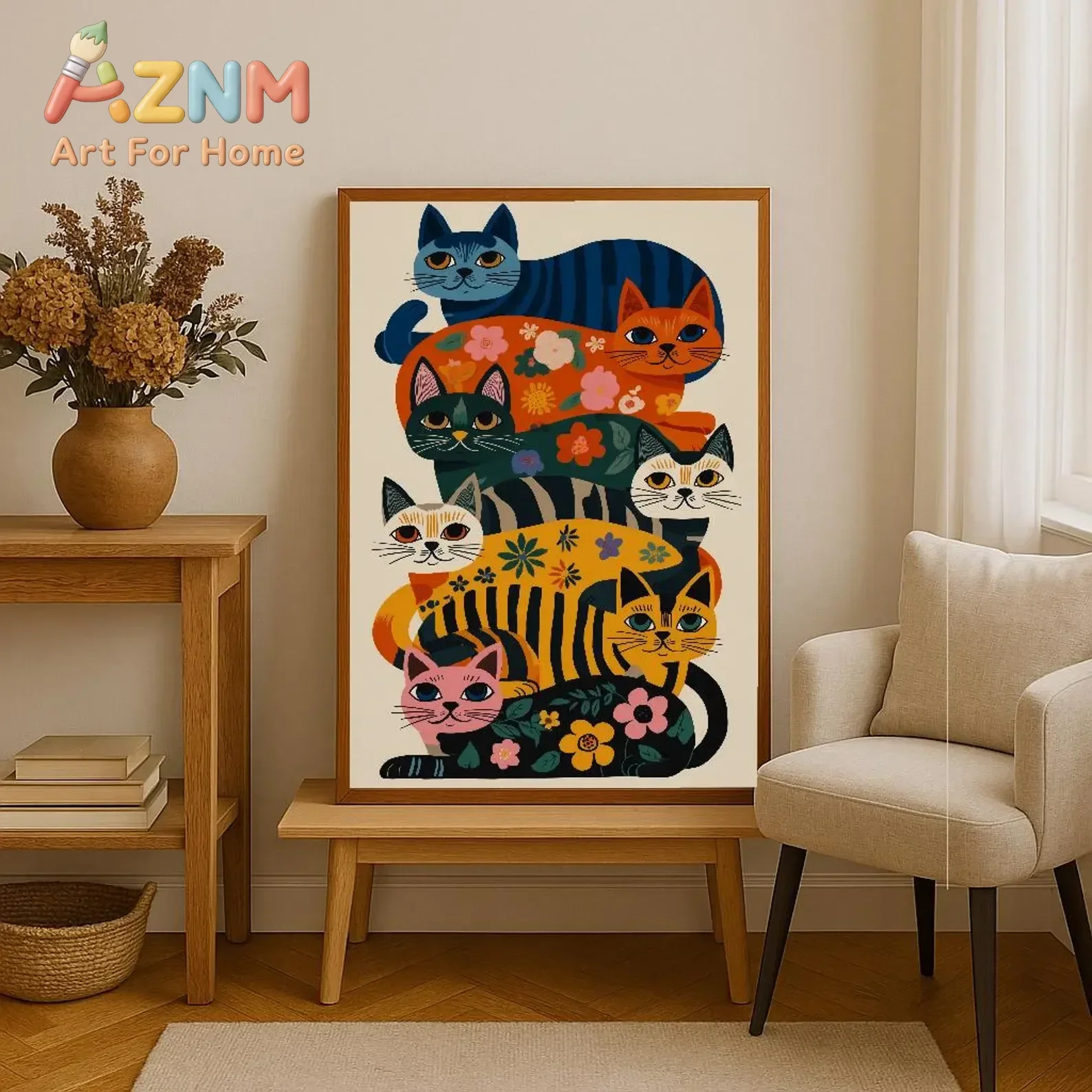 AZNM Stacked Colorful Cats Canvas Wall Art Bohemian Floral Cat Illustration Art Print Unframed Canvas Poster for Home Wall Decor