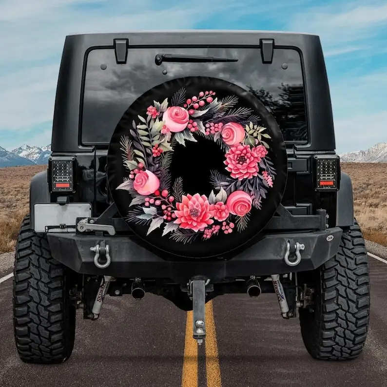 Pink Christmas Wreath Spare Tire Cover, Backup Camera option, Xmas Tire Cover, Christmas Car Accessories for jeeps, Backup camer